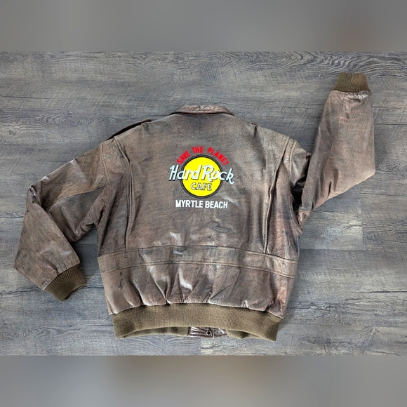 Vintage 90s Hard Rock Cafe Myrtle Beach Bomber Pilot Soft Leather Jacket Size XL - Picture 1 of 10